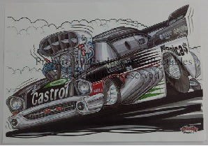 Cartoon Victor Bray Castrol Car A3 Poster
