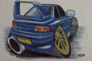 Cartoon Blue Subaru Impreza P1 (Rear) A3 Poster