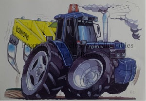 Cartoon Ford Bomford Superflow Plough Tractor A3 Poster