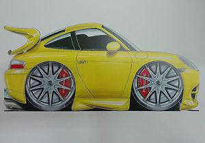 Cartoon Porsche Yellow A3 Poster